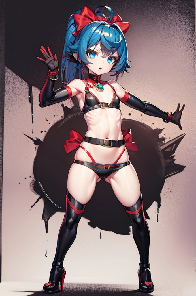 dynamic pose, sexy skimpy outfit, small breasts, ribbon, chaos expression, madness