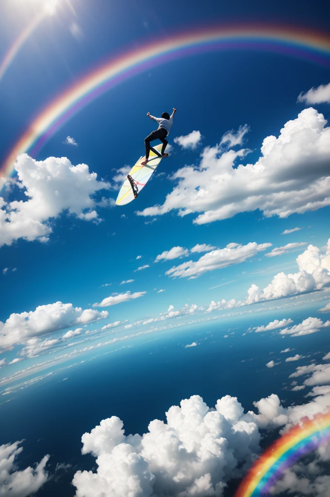 sky. clouds. Young man surfing over the cloud. floor. rainbows.