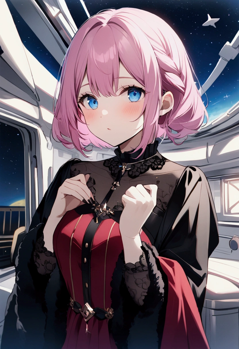 There are lots of spaceships in the sky、people々Run away、Girl with pink hair、blue eyes