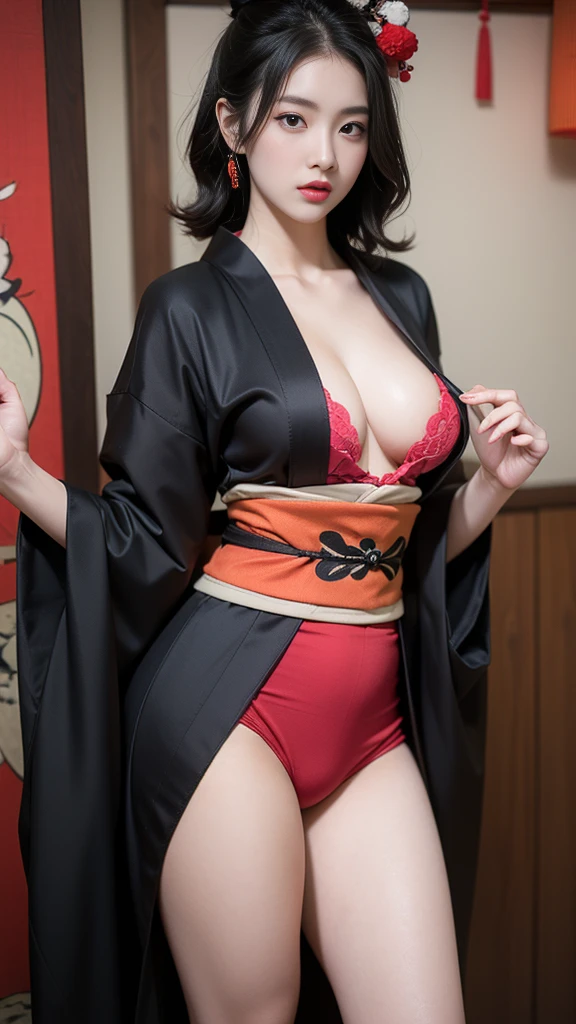 (Very sexy girl wearing sexy ukiyo-e kimono:1.3), lightweight bra, transparent, Black color头发颜色头发,, Black color stockings, lift your butt,Face Camera,Black color, ring, 4K, HD,looking at camera, Almost perfect, dynamic, The contents are very detailed....., brown, sharp focus,glowing skin,camel toe showing thighs!!!、