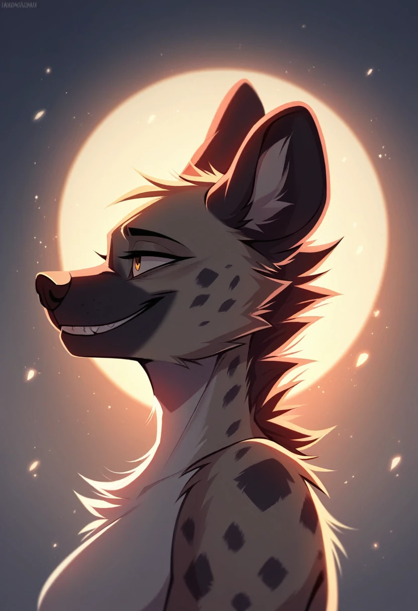 solo female, face side view, white hyena, hyena, furry, smiling, red fur, Black fur stripe, netral, Traumatized face, dynamic lighting, illustration, beautiful, particles (high quality,4k,8k,highres,masterpiece:1.2), ultra-detailed, impressionistic:colorful,]