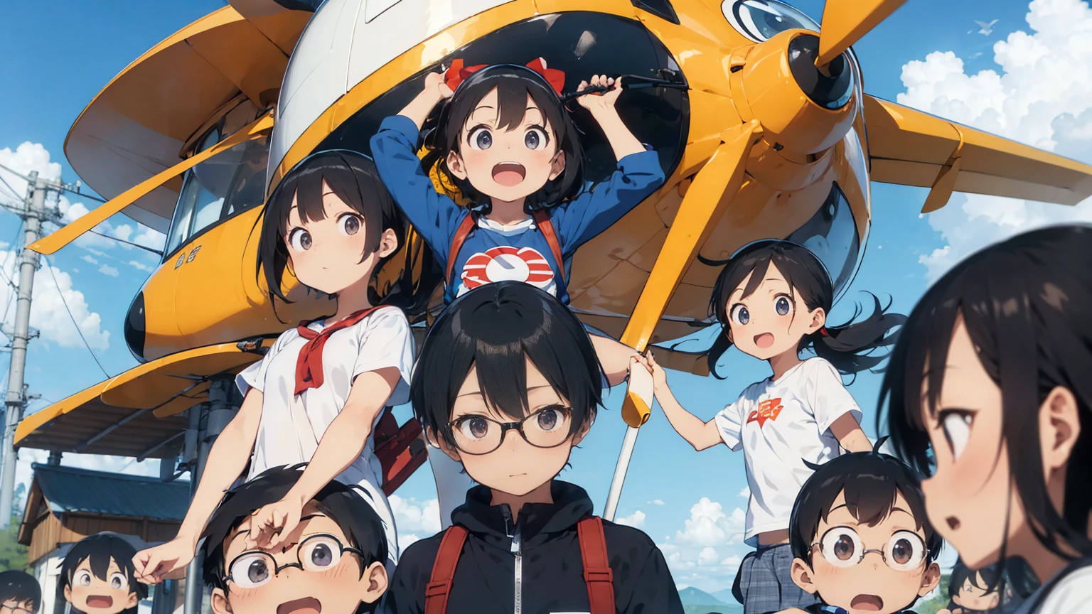 Propeller on the head(Bamboo copter)Flying in the sky with5It is an image of a person。Doraemon(Cat-like robot)、Nobita(Boy with glasses)、Shizuka-chan(Cute girl)、Suneo(Pointy Hair Boy)、Giant(A well-built boy)