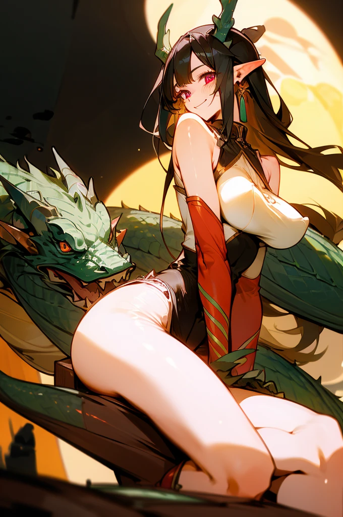masterpiece, high quality, green skin dragon girl, brown horns, long tail with hairy tip, long black hair, black holes in shoulders, pink eyes, Tender smile, a white blouse, red jean, Brown boots