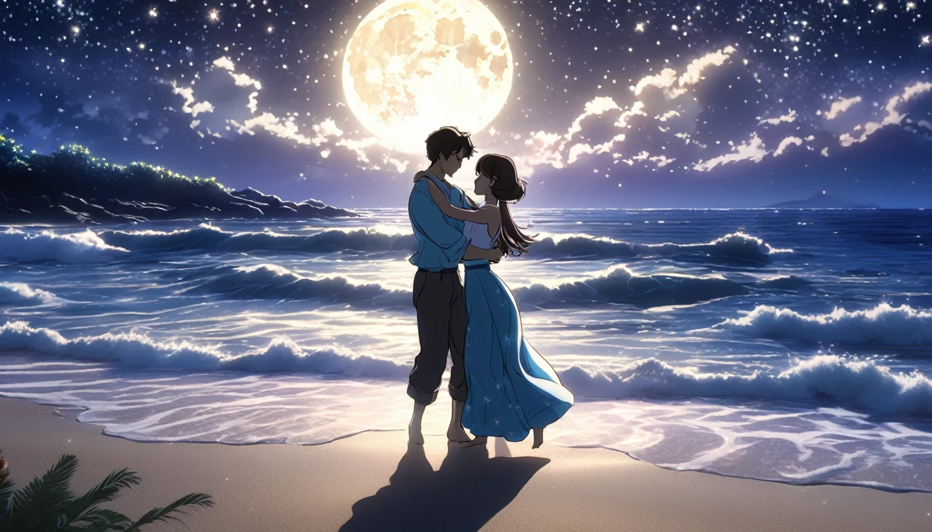 "Please generate a video with a realistic photo-style background and anime-style characters. The scene is set on a beach at night under a starry sky, where a man and a woman are dancing. The night is filled with hope and the moonlight illuminates the scene. The waves gently lap at the shore, creating a serene and magical atmosphere."