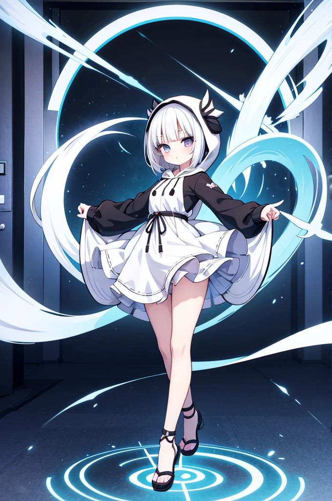 Anime-style image of a woman with white hair and black clothing, Cute 3D anime girl render, Cute anime waifu in a nice dress, Anime VTuber Full Body Model, Anime girl in a hoodie, Highly detailed characters, Official character art,exorcist,ghost,Bobcut,Hunter,sweets