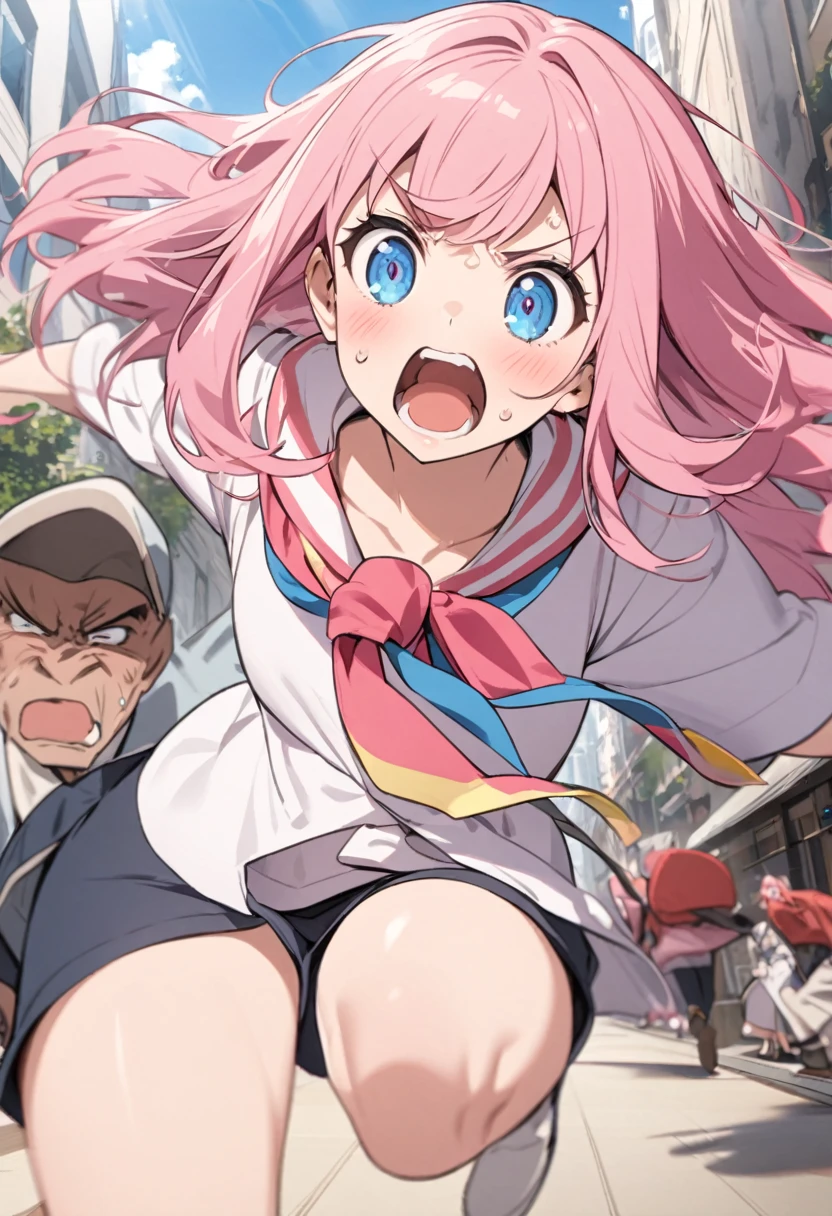 Pink-haired girl being chased by debt collectors、blue eyes