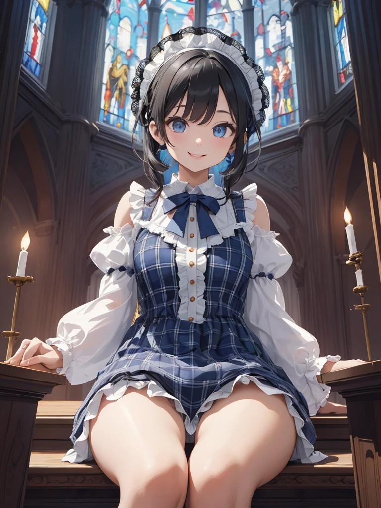 very cute and beautiful girl,(highly detailed beautiful face and eyes:1.2),
(smile:1.2),blush,black hair,looking at viewer,(classic blue plaid lolita dress with detailed frills),detailed lace,
sitting,(spread legs),arms behind back,(white panties),
altar,church,indoors,
(best quality,masterpiece:1.2),absurdres,highres,ultra-detailed,extremely detailed,32k,8k resolution,
intricate details,cinematic scene,detailed background,solo,dynamic angle,