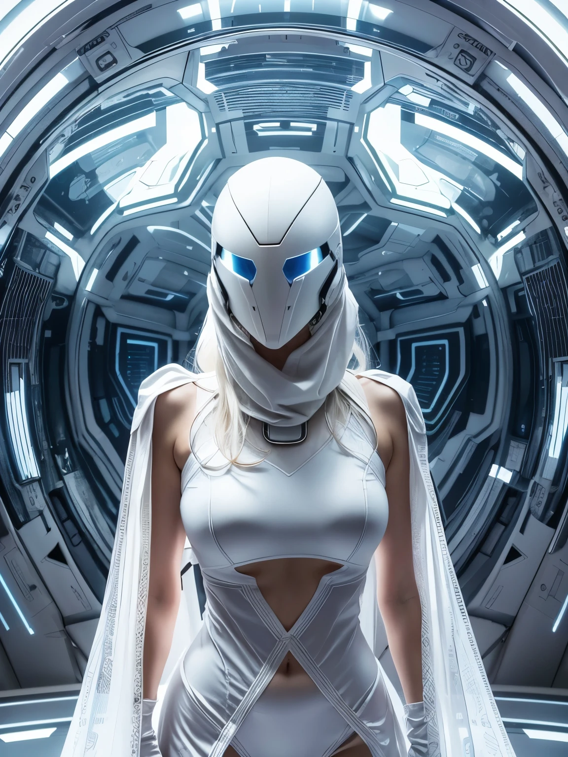 Full body. An ultra hot gorgeous European woman covered in loose clothing. White cotton veils. Large breast. ((Her face is hidden behind a futuristic helmet )).A sci-fi image. In an aseptic futuristic setting.