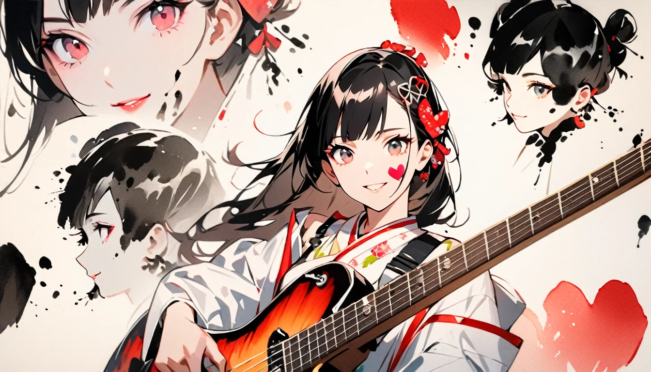 Fashion portrait color photos, (((Ink Painting))), (((1 girl))), (((Heart tattoo on face))), (((Gorgeous hair accessories))), Japanese style headphones, (((guitar bass))), Japanese Beauty, Black Hair, smile