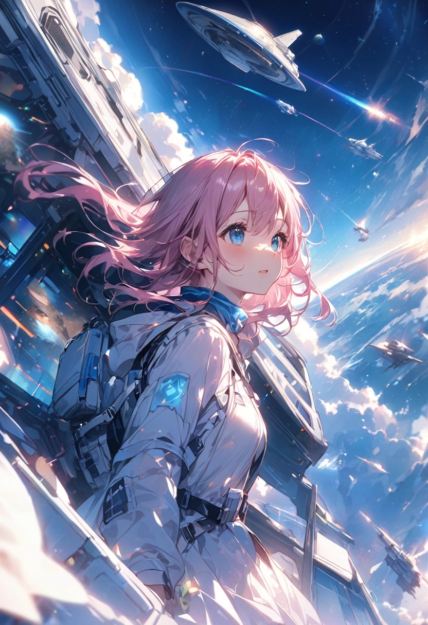 There are lots of spaceships in the sky、侵略を受けるpeople類、people々Run away、Girl with pink hair、blue eyes