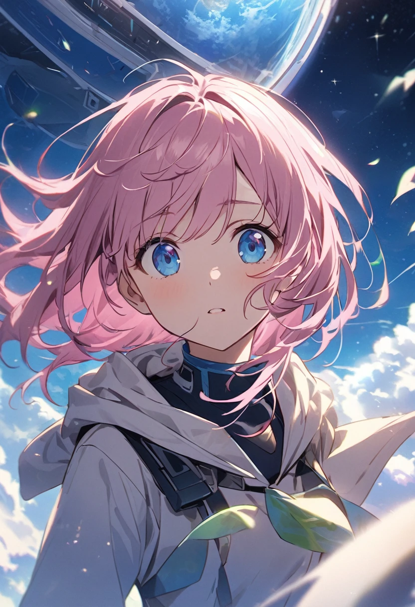 There are lots of spaceships in the sky、侵略を受けるpeople類、people々Run away、Girl with pink hair、blue eyes