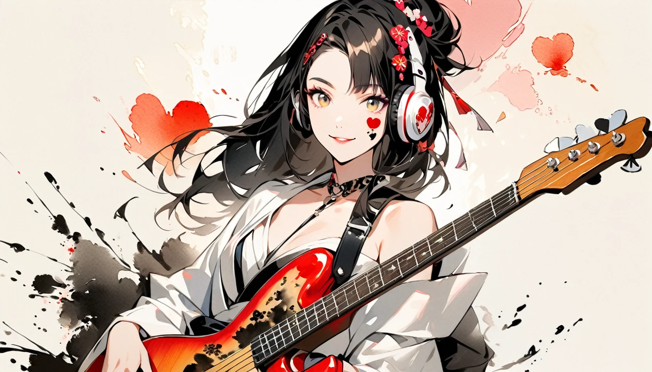 Fashion portrait color photos, (((Ink Painting))), (((1 girl))), (((Heart tattoo on face))), (((Gorgeous hair accessories))), Japanese style headphones, (((guitar bass))), Japanese Beauty, Black Hair, smile