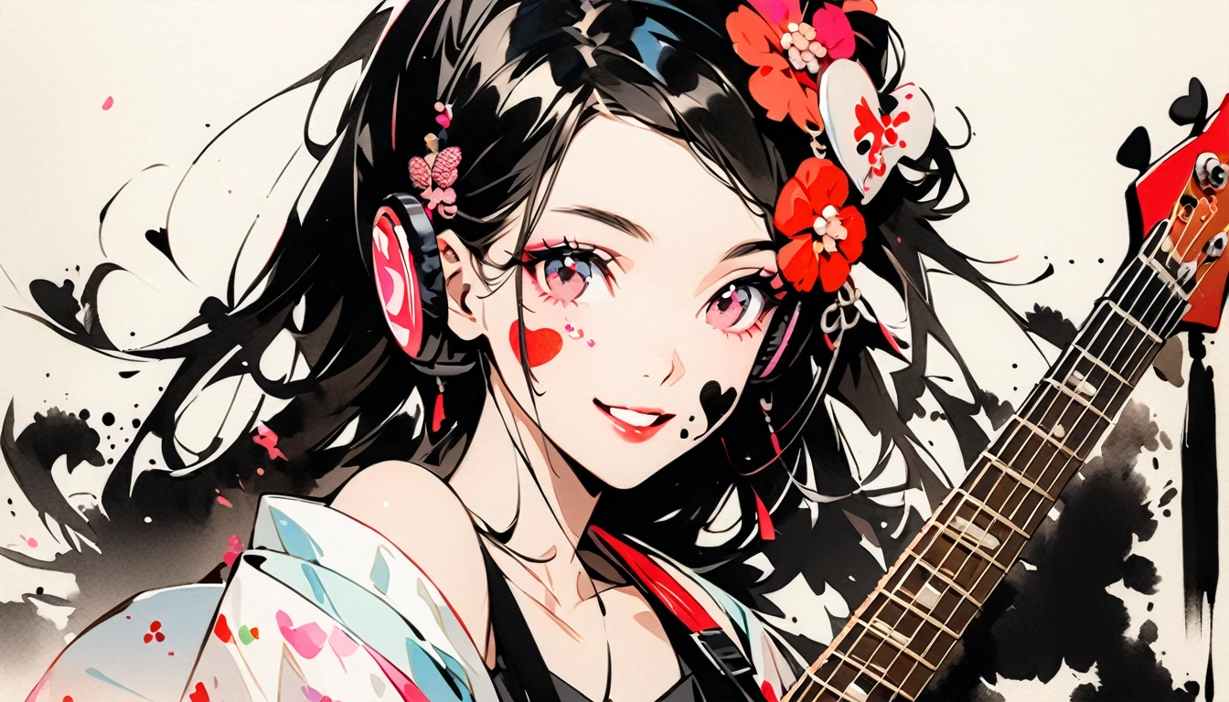 Fashion portrait color photos, (((Ink Painting))), (((1 girl))), (((Heart tattoo on face))), (((Gorgeous hair accessories))), Japanese style headphones, (((guitar bass))), Japanese Beauty, Black Hair, smile