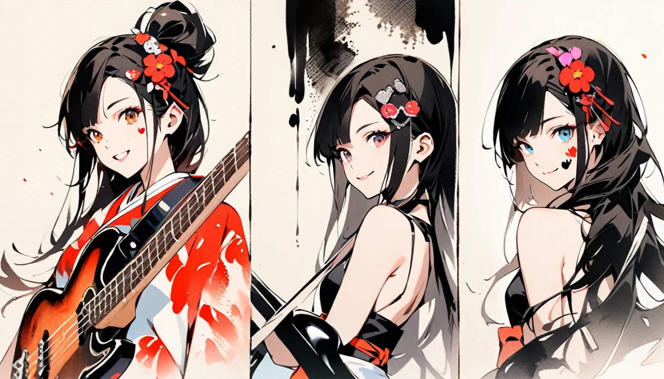 Fashion portrait color photos, (((Ink Painting))), (((1 girl))), (((Heart tattoo on face))), (((Gorgeous hair accessories))), Japanese style headphones, (((guitar bass))), Japanese Beauty, Black Hair, smile