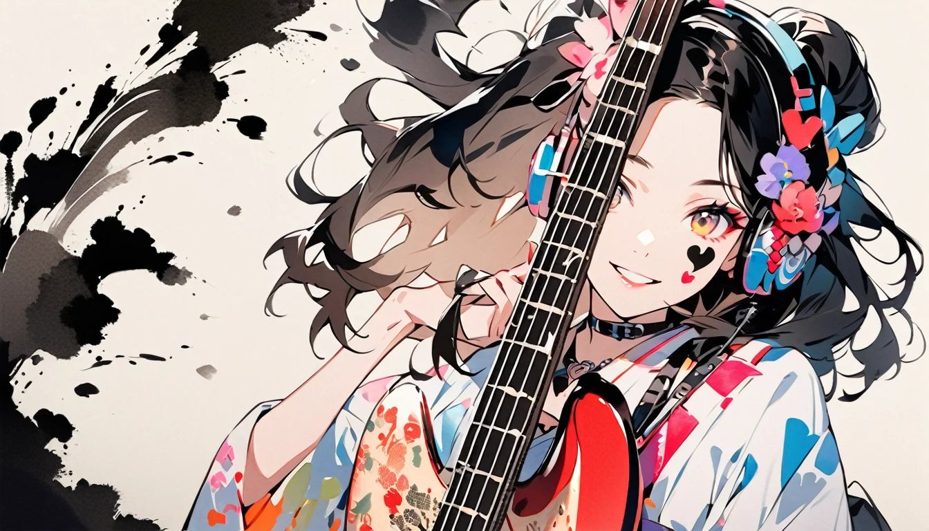 Fashion portrait color photos, (((Ink Painting))), (((1 girl))), (((Heart tattoo on face))), (((Gorgeous hair accessories))), Japanese style headphones, (((guitar bass))), Japanese Beauty, Black Hair, smile