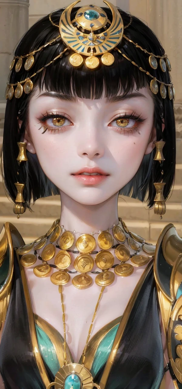 (masterpiece, top quality, best quality, official art, enchanting and aesthetic:1.2), 1female, dark black hair, short hair with bangs, golden eyes, dress, jewelry, high quality details, 4k eyes, no teeth showing, Egyptian makeup, serious expression 