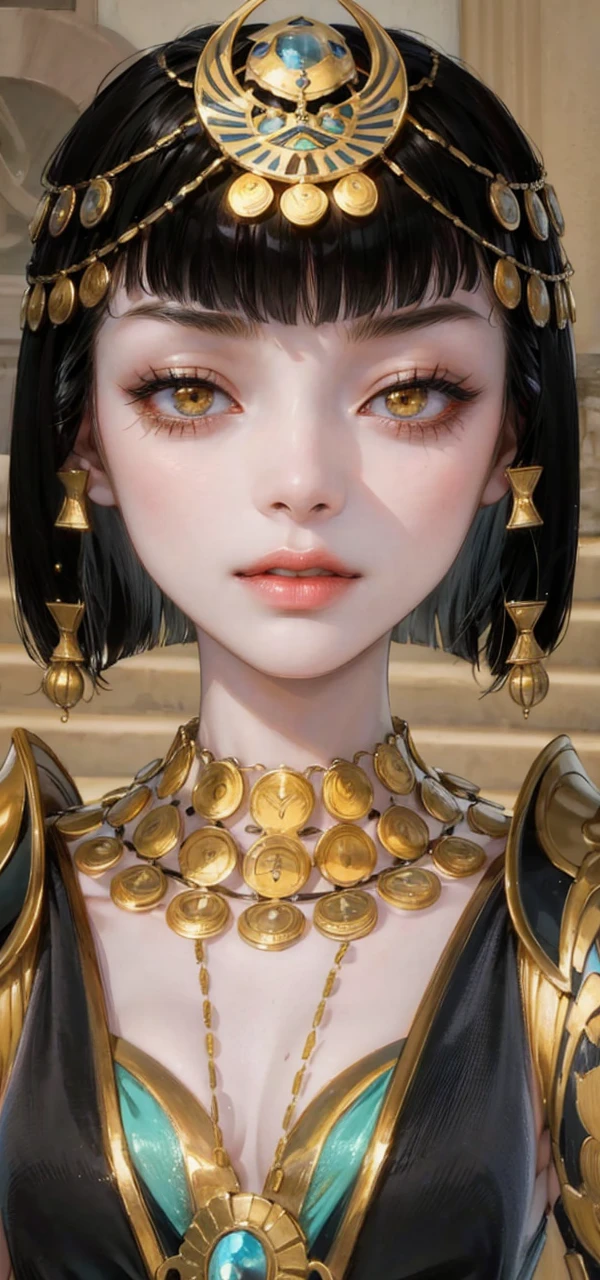 (masterpiece, top quality, best quality, official art, enchanting and aesthetic:1.2), 1female, dark black hair, short hair with bangs, golden eyes, dress, jewelry, high quality details, 4k eyes, no teeth showing, Egyptian makeup, serious expression 