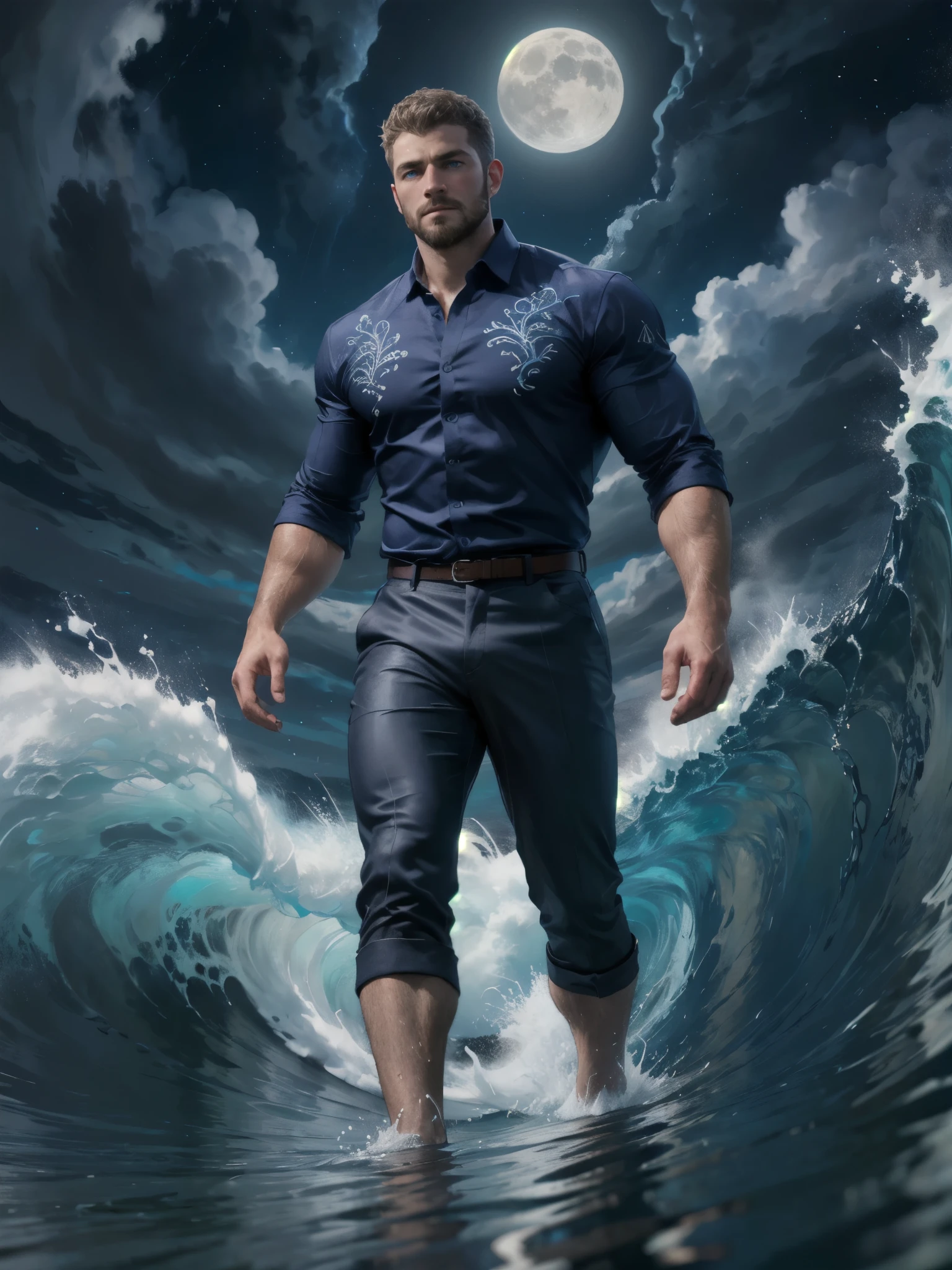 (Ocean greek god), hydromancer, muscular mature male, water magic, handsome, short beard, short hair, mystic, modern outfit, masterpiece, eye focus, best quality, anatomically correct, ((dark-blue royal shirt, intricate silver embroidery)), (walk on water: 1.15), water particles flying around, ocean, huge waves behind character, ((storm)), huge waves around character, night, night sky, mystic, moon,