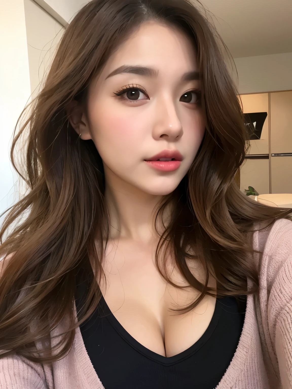 ((Photorealistic、Masseter muscle area、Highest quality、High resolution、RAW Photos))、(full body, glamorous body, Perfect Detail)Realistic、Bright lighting、Face Light、Smooth Professional Lighting、pretty girl、Beautiful woman, Modeled、gravure、(wavy hair、Brunette colored hair、Brown eyes, sexy face, want to kiss++) ,natural makeup、so beautiful、Realistic and beautiful skin、Big tits、Cleavage、plum thighs, Beautiful and detailed、Detailed face、 looking at the camera、take a picture, Seductive Pose, no cloth