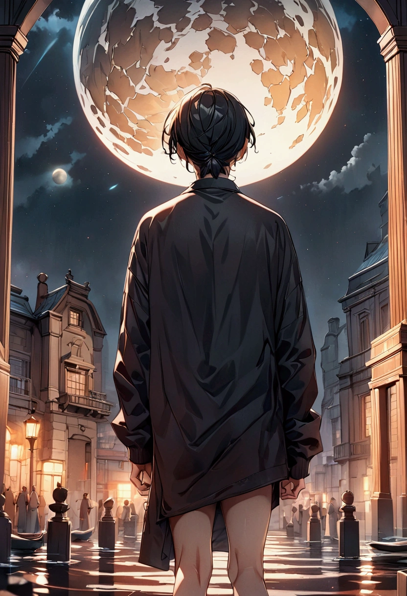 "black hair, Surrealism, 8k, super detail, UHD, masterpiece, accurate, anatomically correct, textured skin, super detail, high details, high quality, award winning, best quality, highres, delicate, androgynous
A boy standing in a nighttime setting. He exudes a quiet and alluring aura, with a look of boredom and weariness in his eyes. His expression is languid and detached, giving off an air of disinterest in everything around him. He is wearing a black shirt."