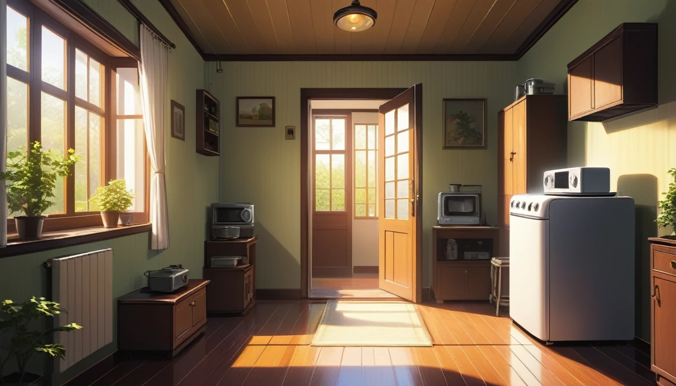 inside the hall of a warm and non-modern house, all the home appliances are old but clean, it's day time and a god ray is coming inside the house through window.