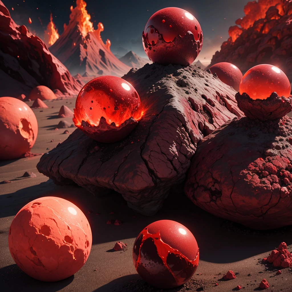 Create an intense scene where red crystallized mineral spheres float amidst volcanic ash and lava flows, showcasing the raw power and beauty of geological processes