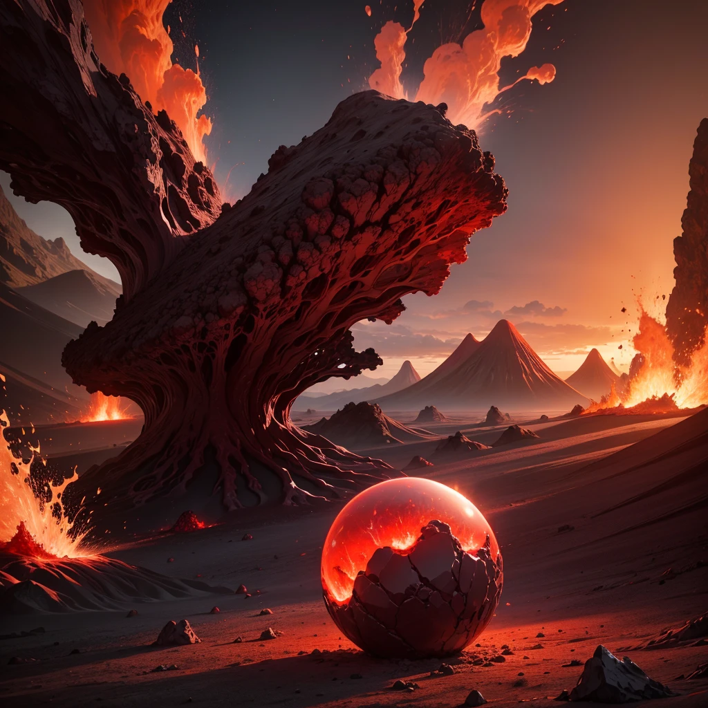 Create an intense scene where red crystallized mineral spheres float amidst volcanic ash and lava flows, showcasing the raw power and beauty of geological processes
