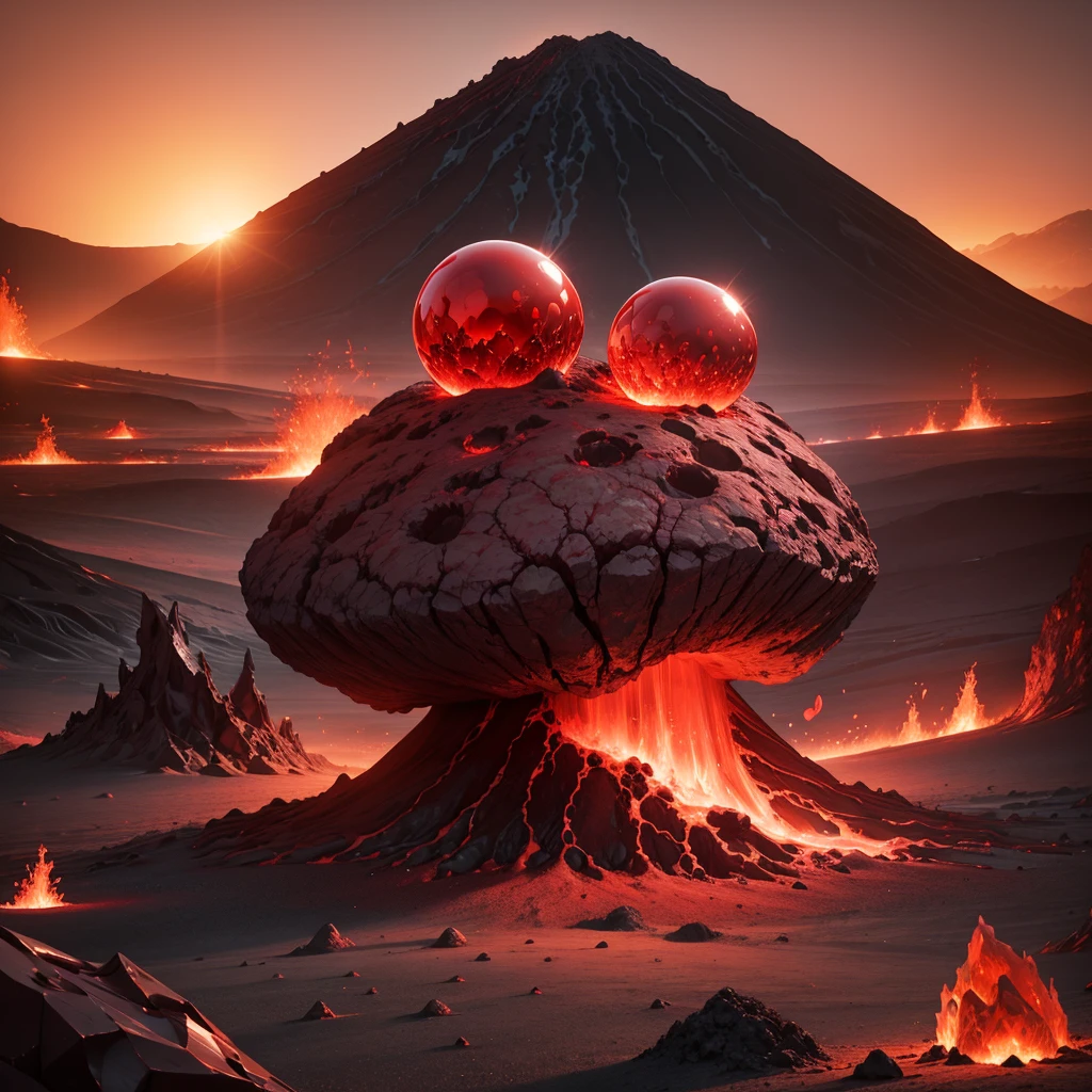 Create an intense scene where red crystallized mineral spheres float amidst volcanic ash and lava flows, showcasing the raw power and beauty of geological processes