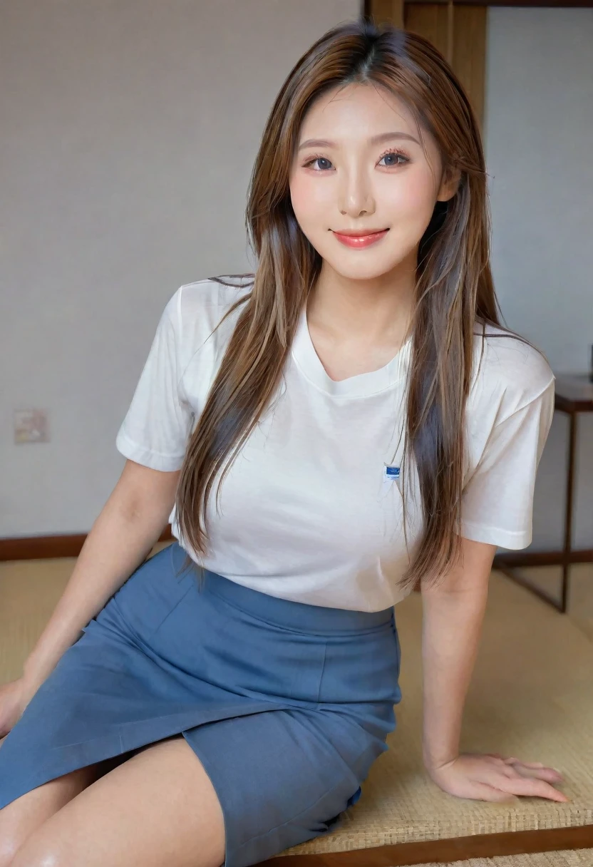 One Japanese woman, Housewife in her 30s、upper body shot、, Detailed face, Captivating smile, Detailed eyes, Thick chest, Smooth Skin, Light brown hair、Straight long hair、Tight white T-shirt, Gray-blue long skirt, Wearing high heels、Looking at the audience, Low angle shot,(8k, RAW Photos, Highest quality, masterpiece: 1.2), (Realistic, Realistic: 1.37), Ultra-high resolution