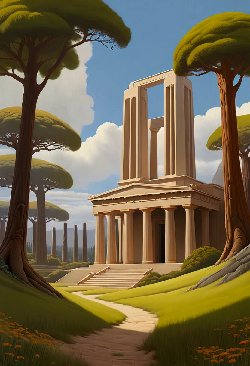 ralph-mcquarrie style, greek architecture done in a sci-fi style on a beautiful forest and meadow scene with tall buildings and open green spaces, oil painting, beautiful, highly detailed