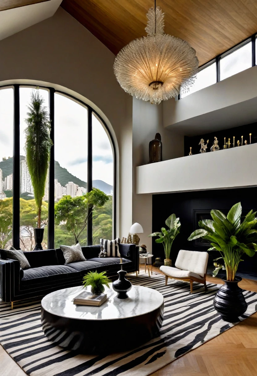 RAW photograph, Ultra Wide Angle, 16mm lens, whole room, contemporary living room with black walls, como Kelly Wearstler, very light wooden floor, large contemporary white linen armchair, huge black and white striped curved sofa, fireplace, large brutalist style console with minimalist vase with huge plant, pile of books, cubist sculptures in white marble, large windows , view of the city of Rio de Janeiro, Picasso paintings, Golden candlesticks, clear glass coffee table, ultra high nothing.photorrealistic::1.5, HDR, Ultra Realist, real photografic
