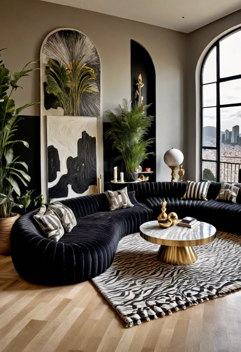 RAW photograph, Ultra Wide Angle, 16mm lens, whole room, contemporary living room with black walls, como Kelly Wearstler, very light wooden floor, large contemporary white linen armchair, huge black and white striped curved sofa, fireplace, large brutalist style console with minimalist vase with huge plant, pile of books, cubist sculptures in white marble, large windows , view of the city of Rio de Janeiro, Picasso paintings, Golden candlesticks, clear glass coffee table, ultra high nothing.photorrealistic::1.5, HDR, Ultra Realist, real photografic
