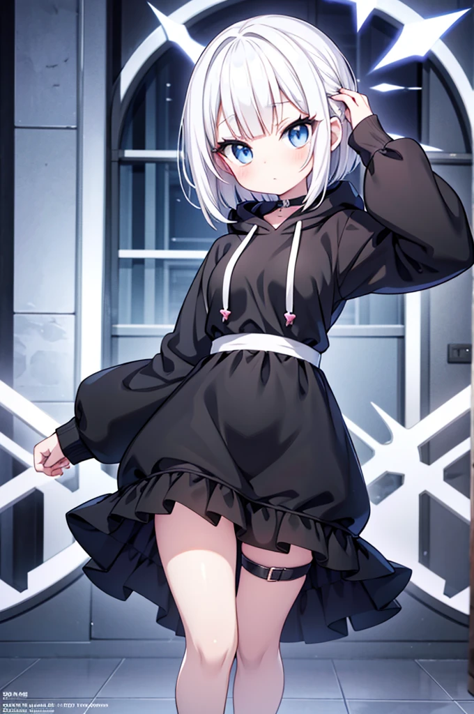 Anime-style image of a woman with white hair and black clothing, Cute 3D anime girl render, Cute anime waifu in a nice dress, Anime VTuber Full Body Model, Anime girl in a hoodie, Highly detailed characters, Official character art,exorcist,Bobcut,Hunter,sweets