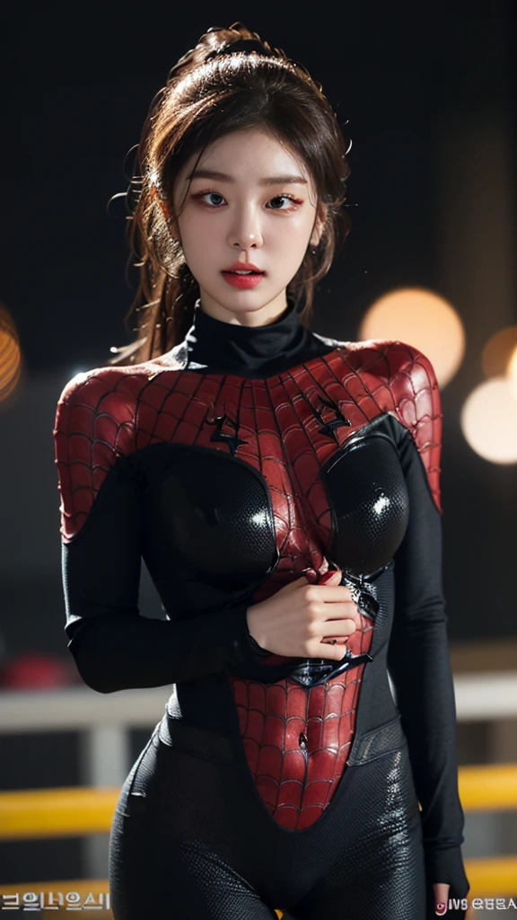 masterpiece, 1 Korean girl,realisticlying,8K UHD,high high quality,in the background bokeh, white and black spider-man suit,Spidey,Clothes wrap around the whole body,Tight clothing,Abs contour,Short black hair,s the perfect face,shining face,Ultra-clear face,Elaborate Eyes,idoly
