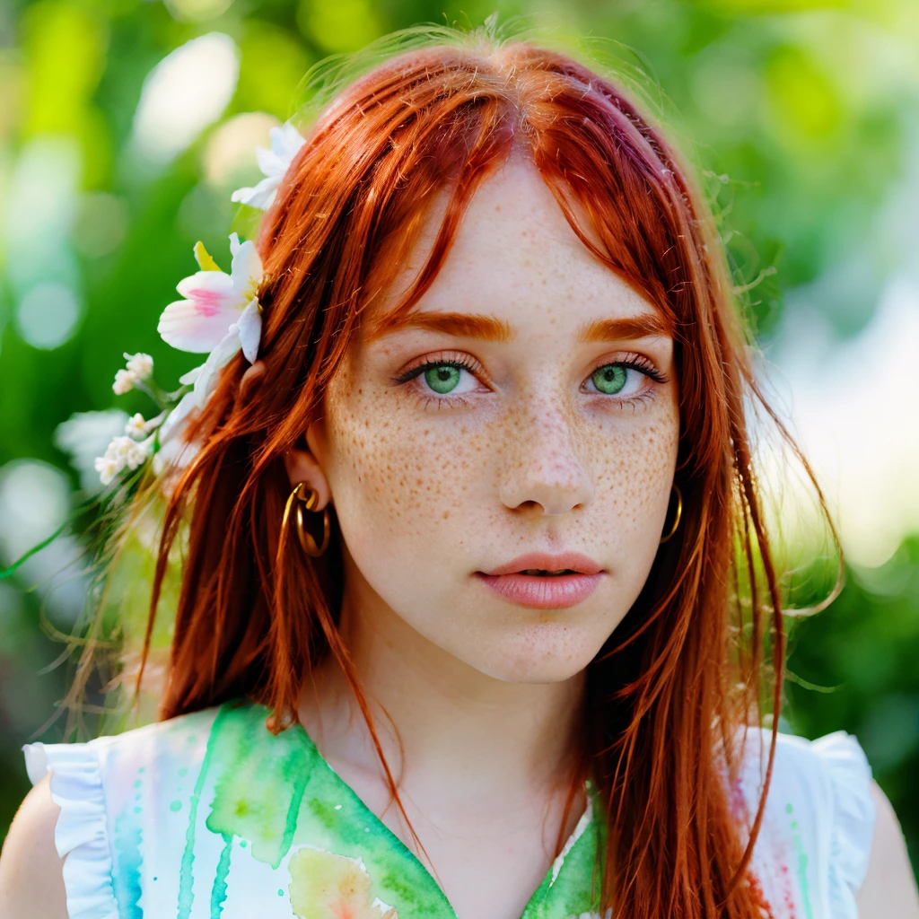 (watercolor: 1.2), elf princess, flower, freckles, bangs, redhead, long hair, green eyes, hair between eyes, flower earrings, blurred background, high resolution