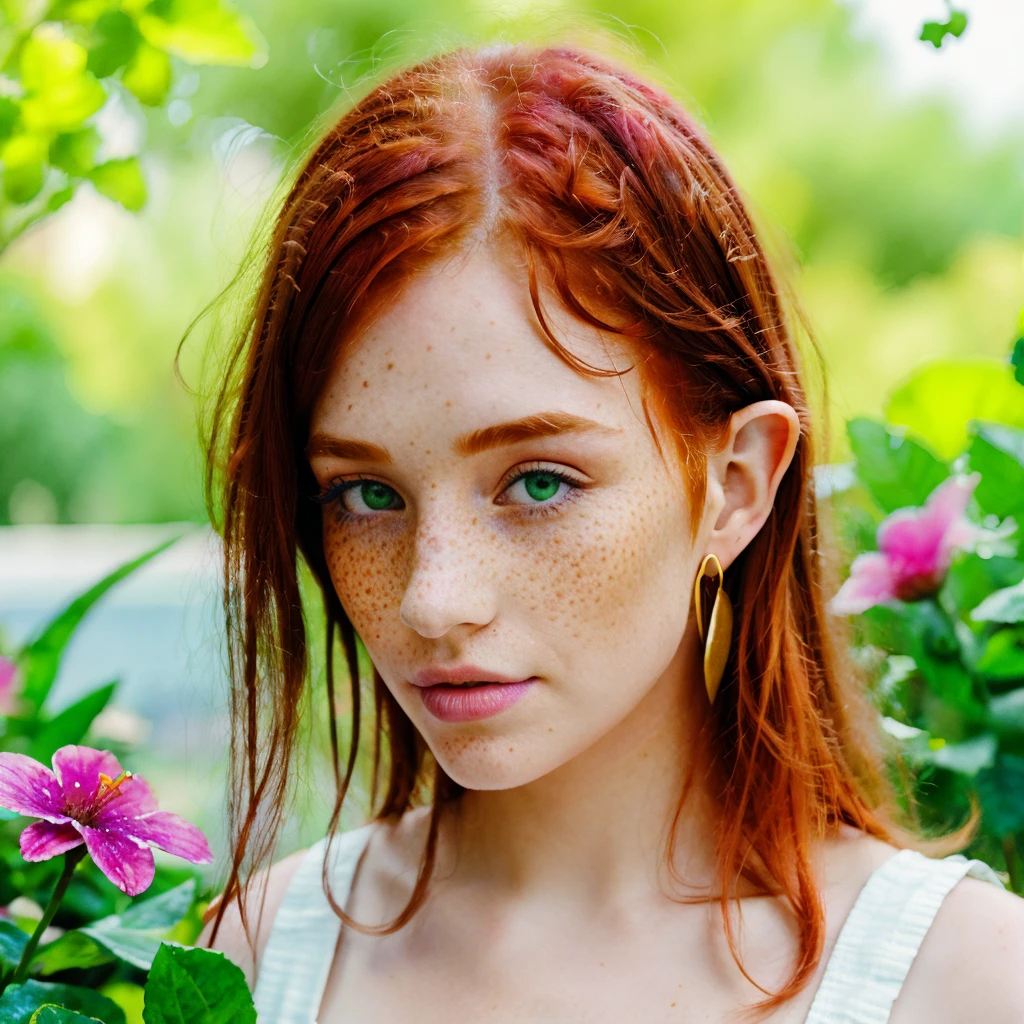 (watercolor: 1.2), elf princess, flower, freckles, bangs, redhead, long hair, green eyes, hair between eyes, flower earrings, blurred background, high resolution