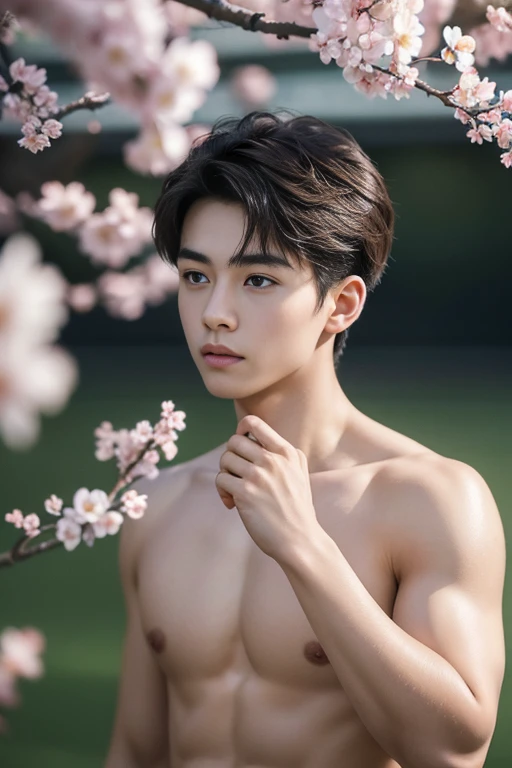 Masterpiece,Very detailed CG unity 8k wallpaper.,1 boy, 16 years old,beautiful, realistic, Blurry, Blurry_background, Blurry_ahead, branch, brown_hair, plum blossom, Depth_of_stadium, flower, nose, realistic, alone,Chinese, totally naked,I wasn&#39;t wearing anything., completely naked, The penis looks right., A well-shaped penis, full body shot