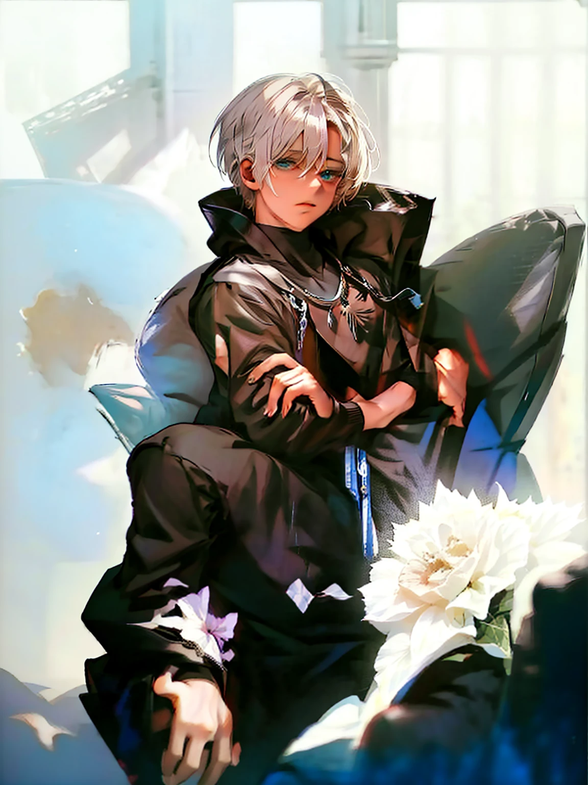 anime boy, {best quality}, {{masterpiece}}, {highres}, extremely detailed boy, solo, sharp focus,{{{{{{flower shop}}}}}}, {{cinematiclighting}}, {{{character{{{1 boy}}}}}}, solo, puffy black hoodie, loose high-neck, turtle-neck, ziper from the neck to the chest, black cargo pants with white details, standing 1/3 view, bored neutral face, closed mouth, beautiful detailed eyes, heterochromia, {white eye} on left, black eye on right, jewel-like eyes, {{{{{{{{empty eyes}}}}}}}, {{{{{sharp focus}}}}}, {{{{{masterpiece illustration}}}}}, {{{{medium shot}}}}, shiny hair, {{{{{{{{{{{{{medium hair}}}}}}}}}}}}}, {{{{{{{{{two-tone hair}}}}}}}}}, white hair: 50 right, blackhair: 50 left, hair between eyes, yin and yang, genshin impact, {{{{{{cloudy}}}}}}, Black-eyed Susan flower field, {{cloud}}, holding scale of justice around belly height, human sized hammer standing upside down besides, camera angle from the side, sideway camera angle, anime boy, man, male