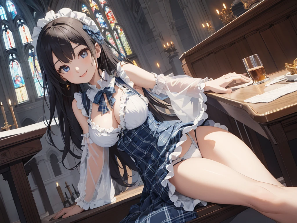 very cute and beautiful girl,(highly detailed beautiful face and eyes:1.2), (smile:1.2),blush,black hair,looking at viewer,(classic blue plaid ta dress with detailed frills),detailed lace, sitting,(wide spread legs),arms behind back,(white panties), altar,church,indoors, (best quality,masterpiece:1.2),absurdres,highres,ultra-detailed,extremely detailed,32k,8k resolution, intricate details,cinematic scene,detailed background,solo,dynamic angle,