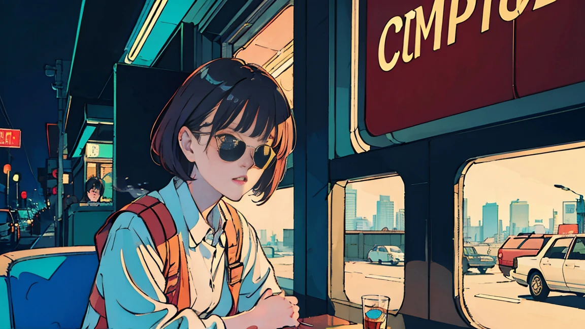 Beautiful redhead Asian girl sitting in a diner at night, Visible from the window, Perfect Face, sunglasses, Smoking white Taylormade cigarettes, Neon Black, (Backlit: 1.1), Hard Shadows, masterpiece, Highest quality, Complex, Model shooting style, Vintage, Film Grain, Incomplete details,backtothefuture