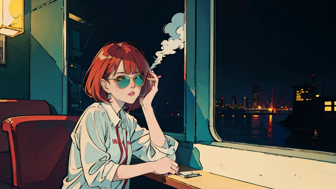 Beautiful redhead Asian girl sitting in a diner at night, Visible from the window, Perfect Face, sunglasses, Smoking white Taylormade cigarettes, Neon Black, (Backlit: 1.1), Hard Shadows, masterpiece, Highest quality, Complex, Model shooting style, Vintage, Film Grain, Incomplete details,backtothefuture