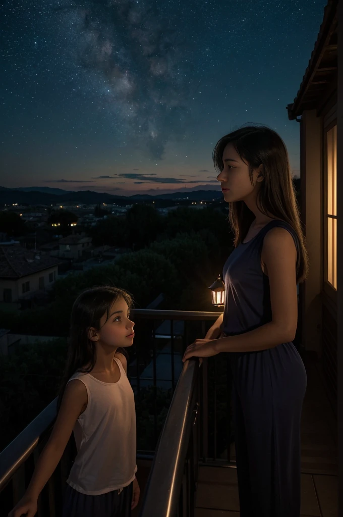 Italy. dark night. A highly realistic scene of two 13 year old teenagers with small breasts and an 8 year old girl with flat breasts standing on the balcony at 11pm in the middle of the night on a dark night. They wear light pajamas with a sleeveless shirt and shorts. Their expression is contemplative as they look up at the sky, where the last traces of twilight give way to darkness. The balcony is dimly lit by a small lantern or fairy lights, which cast a soft light around her. She leans delicately on the railing, her hair swaying slightly in the cool night breeze. The background shows a silhouette of distant hills and trees under a starry sky, with the faint outline of the landscape just visible. The atmosphere is serene and thoughtful, capturing the quiet beauty of a summer solstice night transitioning to complete darkness, with the balcony lights providing a soft, warm contrast to the deepening night.