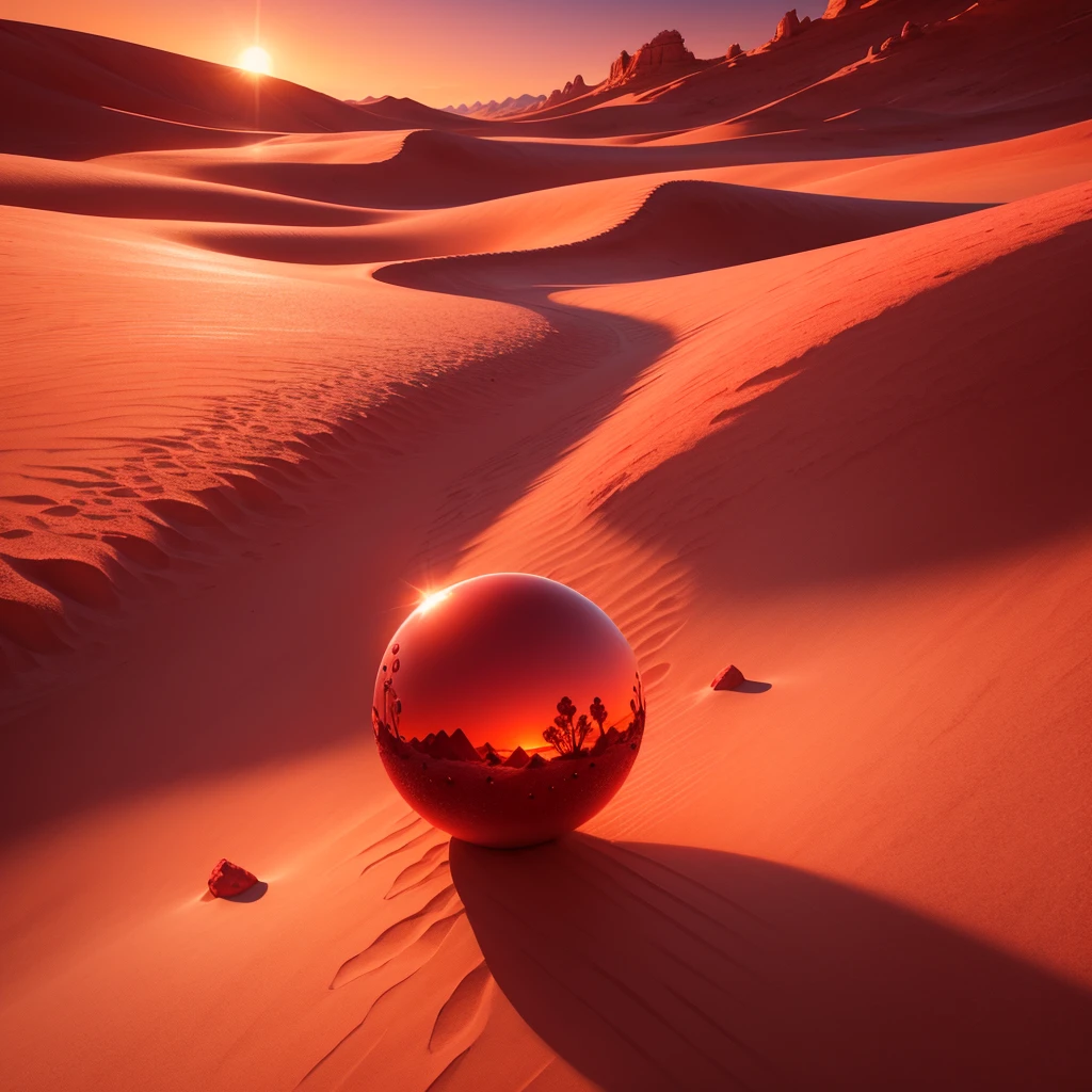 Illustrate a desert landscape where red crystallized mineral spheres drift lazily above shimmering dunes, catching the fiery hues of a setting sun.