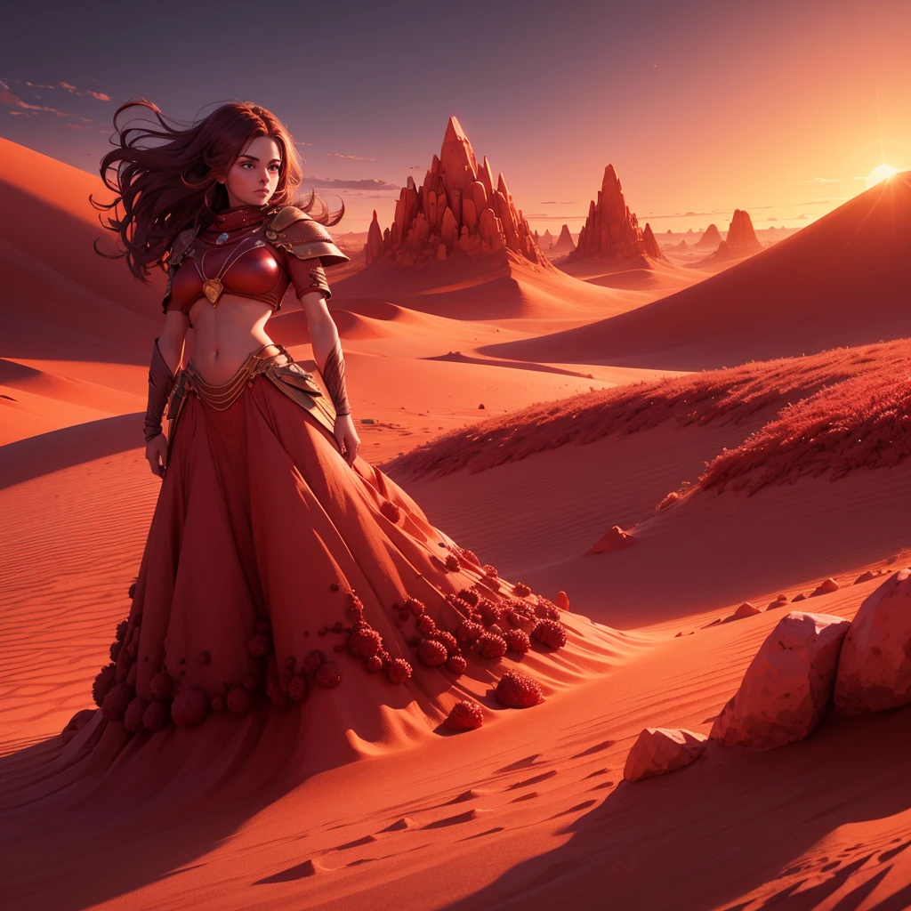 Illustrate a desert landscape where red crystallized mineral spheres drift lazily above shimmering dunes, catching the fiery hues of a setting sun.