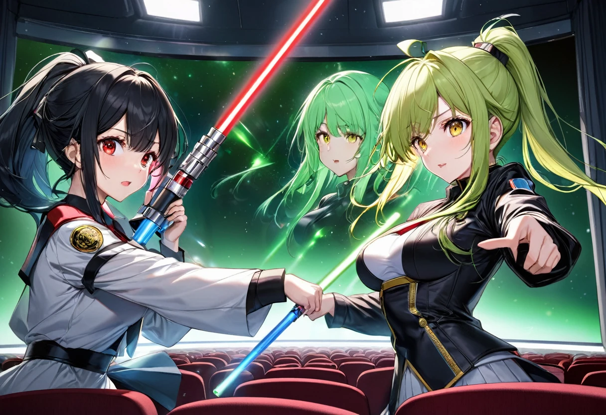 (Fighting with lightsabers style), (two girls hand holding a lightssabers), (a ponytail green hair long hair medium tits cute yellow eyes girl), and, (a straight black hair long hair big tits sadist red eyes girl), break, in the Legend of the Galactic Heroes onto movie theatre, BREAK, perfect anatomy, masterpiece, best quality, 16k, beautiful detailed Cinema Screen, daydreaming expression.