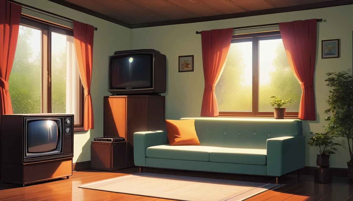 inside the hall of a warm and non-modern house, all the home appliances are old but clean, a sofa and an old tv is in the image, it's day time and a god ray is coming inside the house through window.