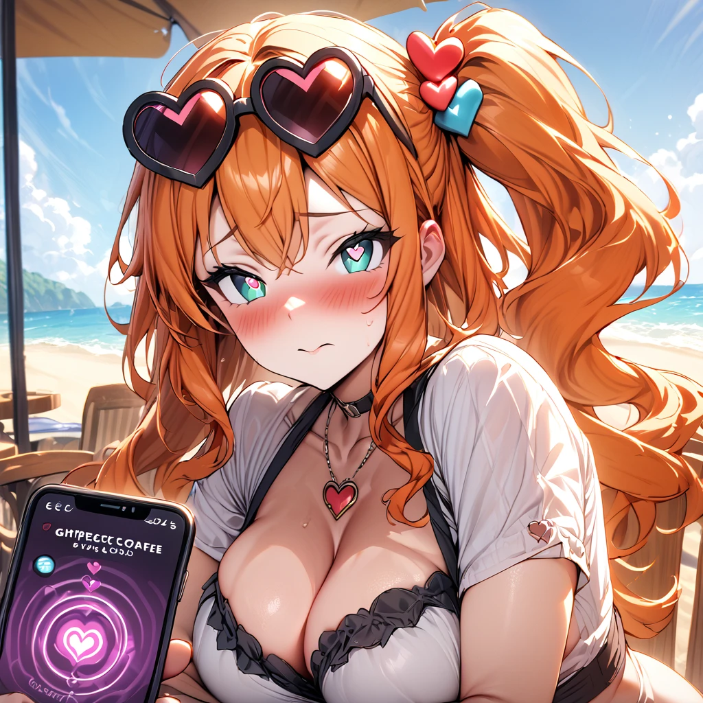 (masterpiece), best quality, expressive eyes, perfect face,1girl,EPpkSonia,orange hair, side ponytail, aqua eyes, long hair, eyewear on head, sunglasses, heart hair ornament,beach cafe,soft shadows,mind control,hypnosis app,heart-shaped pupils,blush,big breasts,cleavage