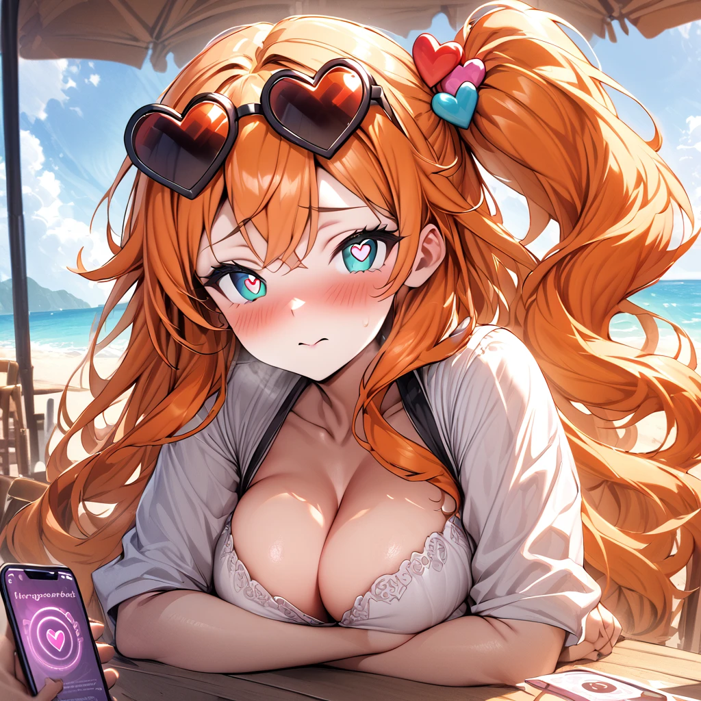 (masterpiece), best quality, expressive eyes, perfect face,1girl,EPpkSonia,orange hair, side ponytail, aqua eyes, long hair, eyewear on head, sunglasses, heart hair ornament,beach cafe,soft shadows,mind control,hypnosis app,heart-shaped pupils,blush,big breasts,cleavage