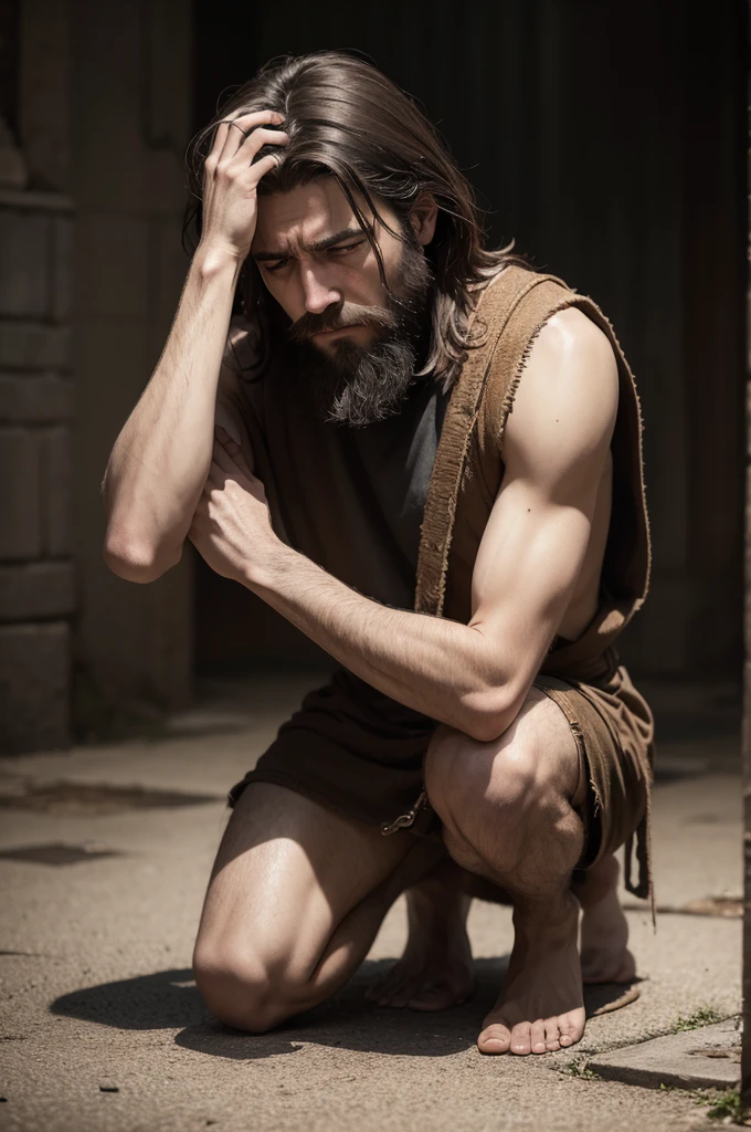 Imagine and create the character Job from the Bible, with medium hair, thin, medium beard and sad face, wounds on his body and face, kneeling on the ground in despair, realistic, 8k, cinematic