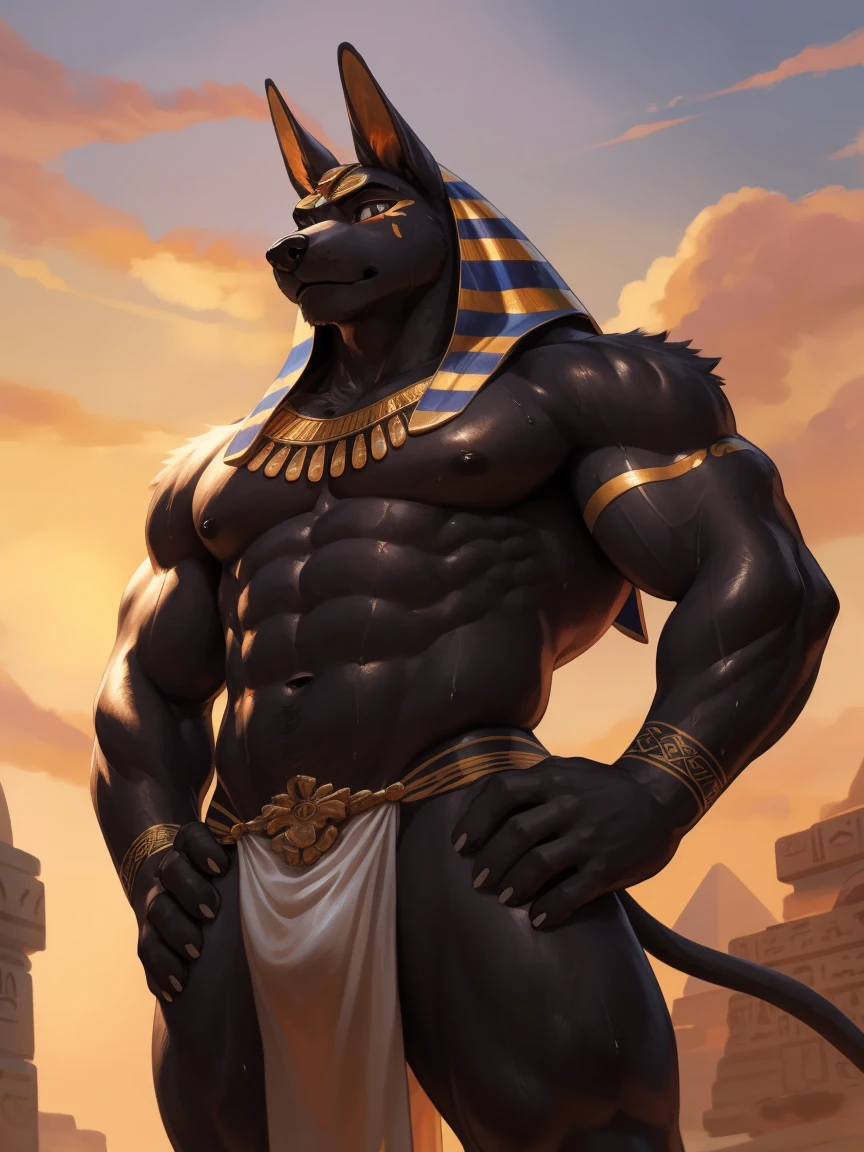 (masterpiece,Highest quality,Very detailed,Perfect Anatomy),,Sharp focus, From null-ghost,alone,Humanity,Muscular,naked,,Looking down,Look this way,Sweat,Get wet all over,Wet body,Brave,Anubis(Black fur:1.5,Black body:1.5),fluffy,Sunset,loincloth,Place hands on hips,Gold tribal tattoo,Golden decoration,Streets of Egypt